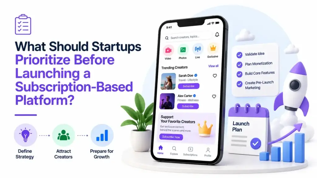 Subscription-based platform pre-launch strategy showing idea validation, monetization planning, core features, creator acquisition, pre-launch marketing, and growth preparation.