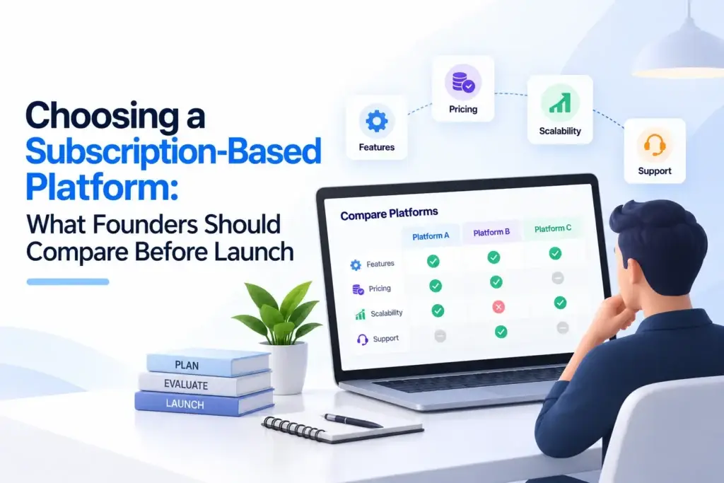 Subscription platform for founders showing feature, pricing, scalability, and support comparison before launch