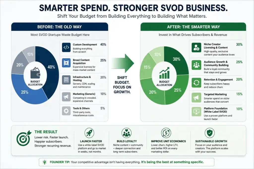 Stop Trying to Be Netflix: Why Hyper-Niche SVOD Is the Only Profitable Play in 2026 2 SVOD startup budget allocation from custom development to niche creator licensing