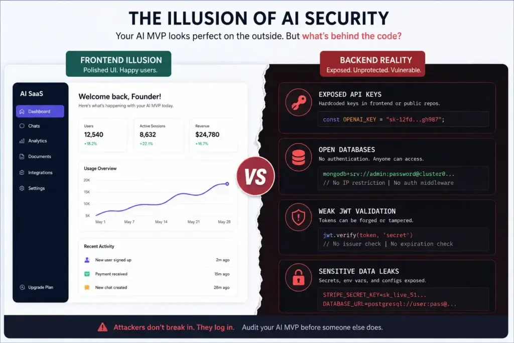 AI MVP Security Audit: The 14-Point Checklist for Founder Survival 1 Frontend UI vs backend security risks in AI-generated MVP apps