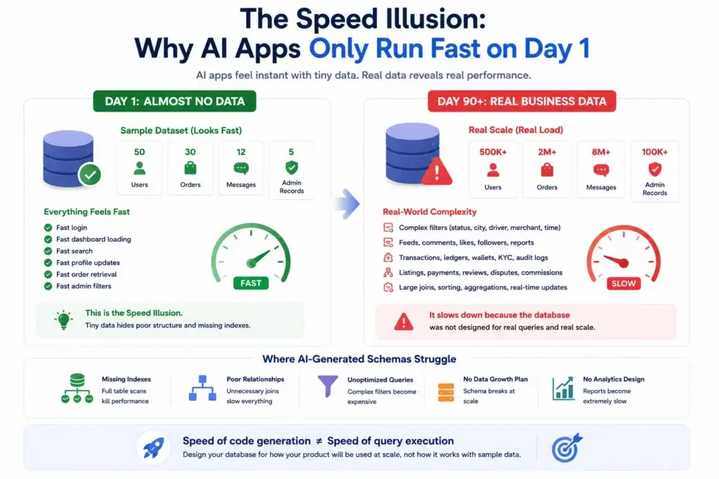 The Un-Indexed Trap: Why AI Schemas Cause Exponential App Latency 1 Infographic comparing AI app performance on day one versus real-world scale, showing how poor database schemas and missing indexes cause performance degradation.