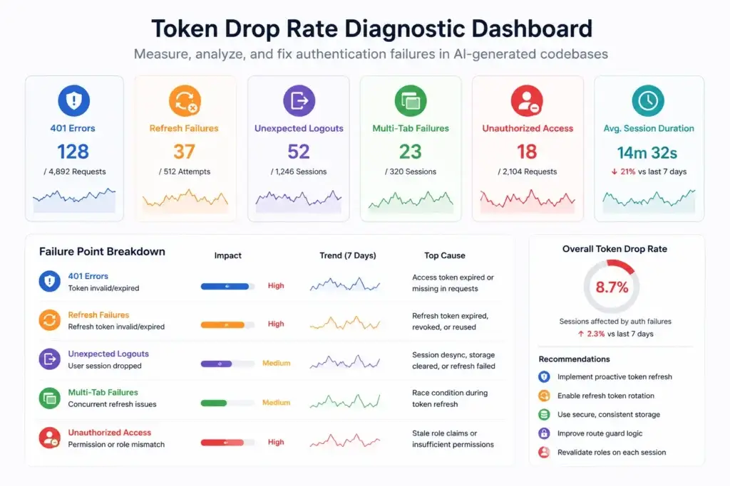 The Authentication Loop: Analyzing Session Failures in AI-Generated MVPs 3 Token drop rate diagnostic dashboard showing 401 errors, refresh failures, unexpected logouts, and multi-tab session failures in AI-generated authentication