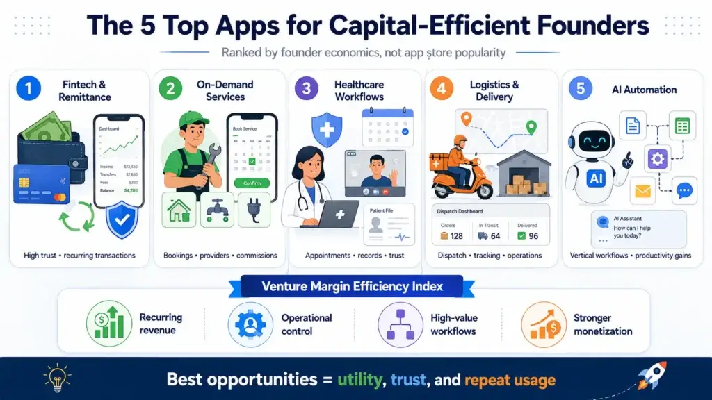 The Venture Margin Index: Why Specialized Business Apps Dominate Capital Efficiency 1 Infographic ranking fintech and remittance, on-demand services, healthcare workflows, logistics and delivery, and AI automation as capital-efficient app opportunities for founders.