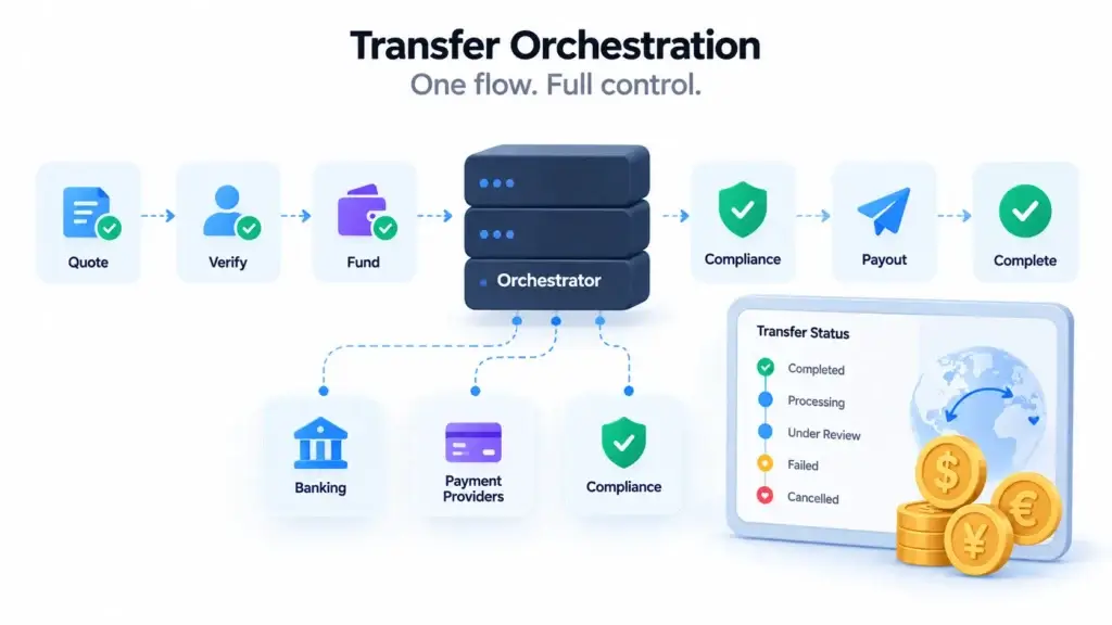 Cross-Border Payment Platform Architecture: Multi-Currency Accounts, Transfers, FX, Compliance, and Payouts 1 Transfer orchestration workflow for cross-border payments covering quote, verification, funding, compliance, payout, and completion