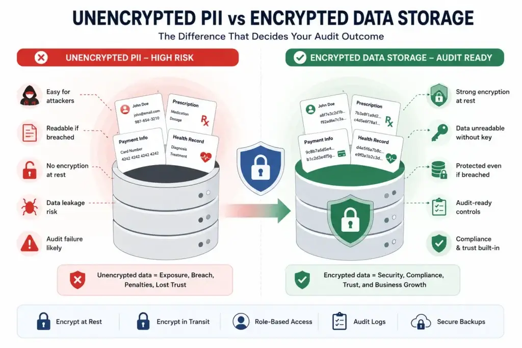 Failing the Audit: How an AI-Built MVP Leaked PII and Why the White-Label Rescue Worked 2 Vector illustration comparing unencrypted PII storage with encrypted data storage in a healthtech MVP database