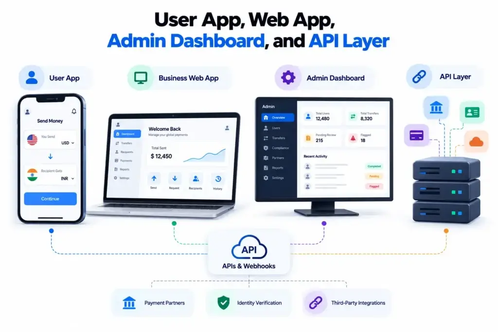 What Is a Cross-Border Payment Platform and How Do Multi-Currency Transfers, FX, and Payouts Work? 2 Cross-border payment platform architecture with user app, business web app, admin dashboard, API layer, and third-party integrations