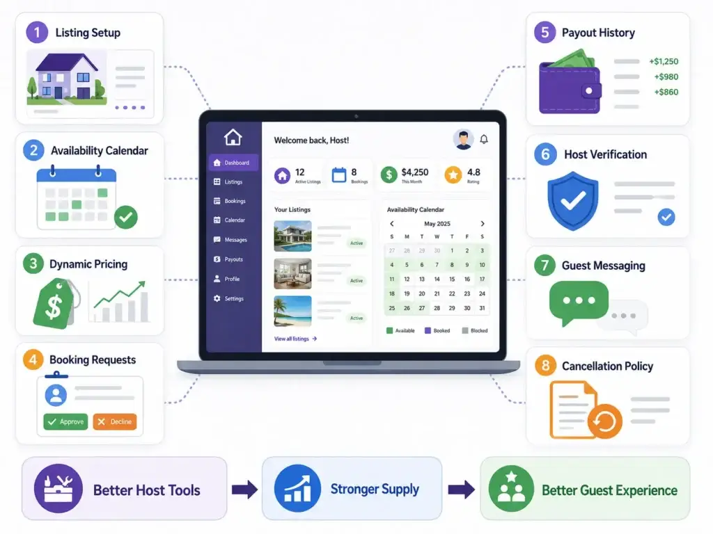 Airbnb Clone Script: Features, Pricing & Launch Guide 1 Vacation rental host dashboard with listing management, availability calendar, dynamic pricing, payouts, verification, and guest messaging.