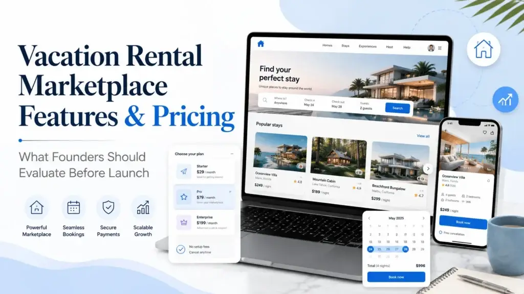 Vacation rental marketplace features and pricing with property search, booking management, secure payments, and scalable plans.
