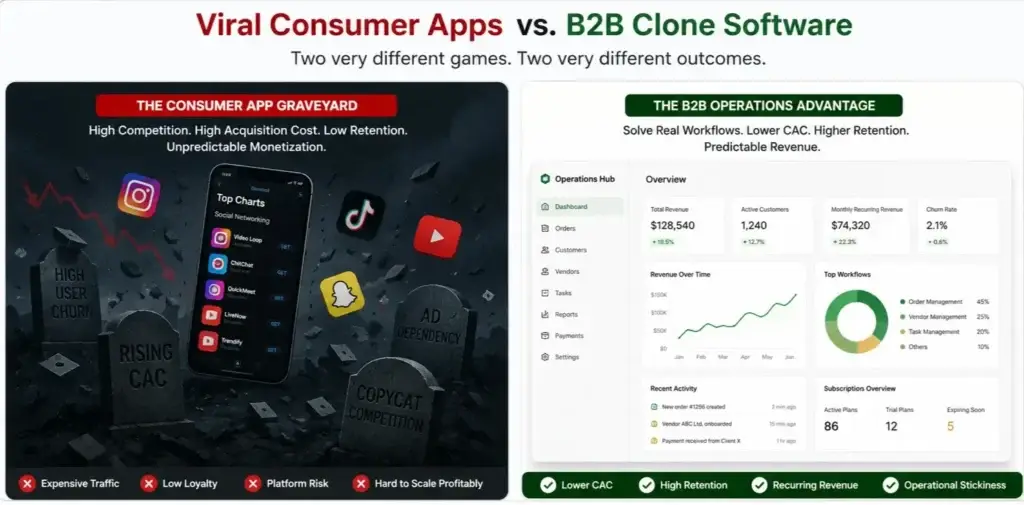 Stop Chasing Viral Hits: Why โBoringโ B2B Clones Are the Real #1 Money Makers 1 Consumer app competition compared with B2B clone software dashboard growth