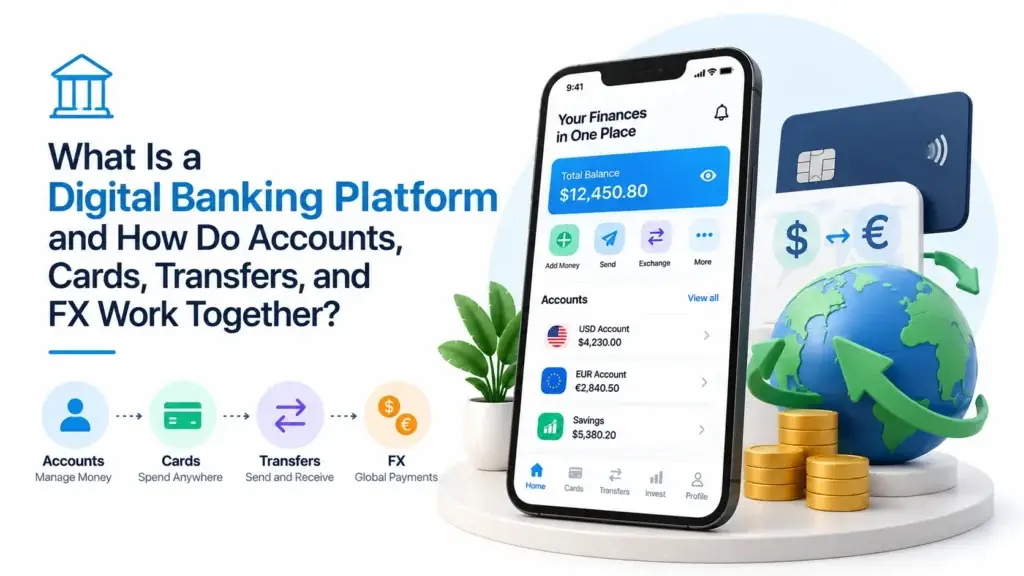 Digital banking platform showing accounts, cards, money transfers, currency exchange, and global payments working together in one financial app.