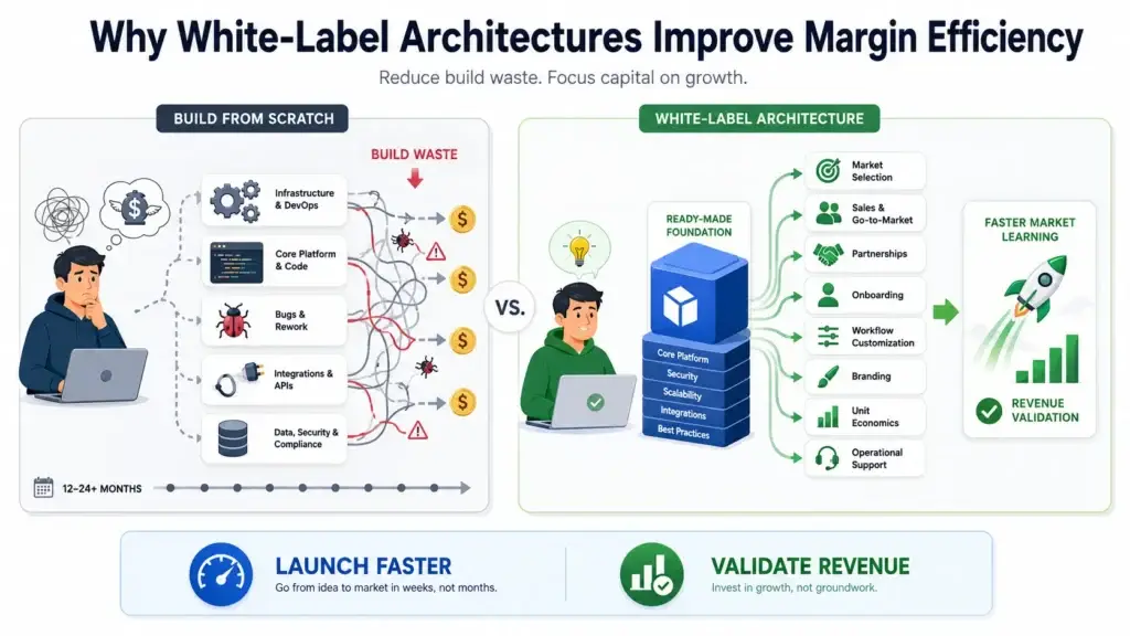 The Venture Margin Index: Why Specialized Business Apps Dominate Capital Efficiency 2 Infographic comparing build-from-scratch development with white-label architecture, showing reduced engineering waste, faster market learning, stronger capital allocation, and earlier revenue validation.