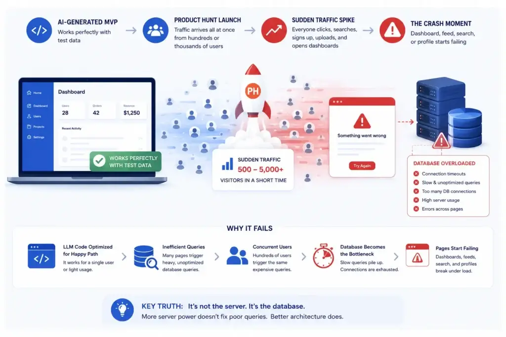 Why AI-Built MVPs Break at Scale: Founder Crash Patterns After Launch Traffic 1 Infographic showing why AI-built MVPs crash after Product Hunt launches due to sudden traffic spikes, database overload, and inefficient queries.