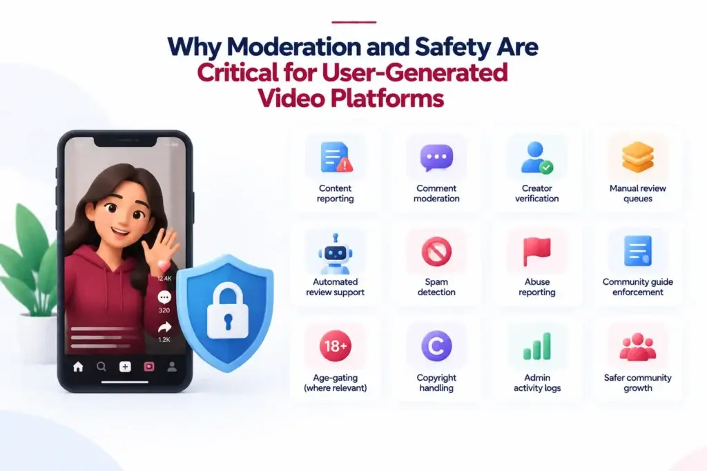 What Is a Short-Form Video Platform and How Do Creation, Discovery, Engagement, and Monetization Work? 2 User-generated video platform safety and moderation workflow showing content reporting, creator verification, review systems, spam detection, and community protection