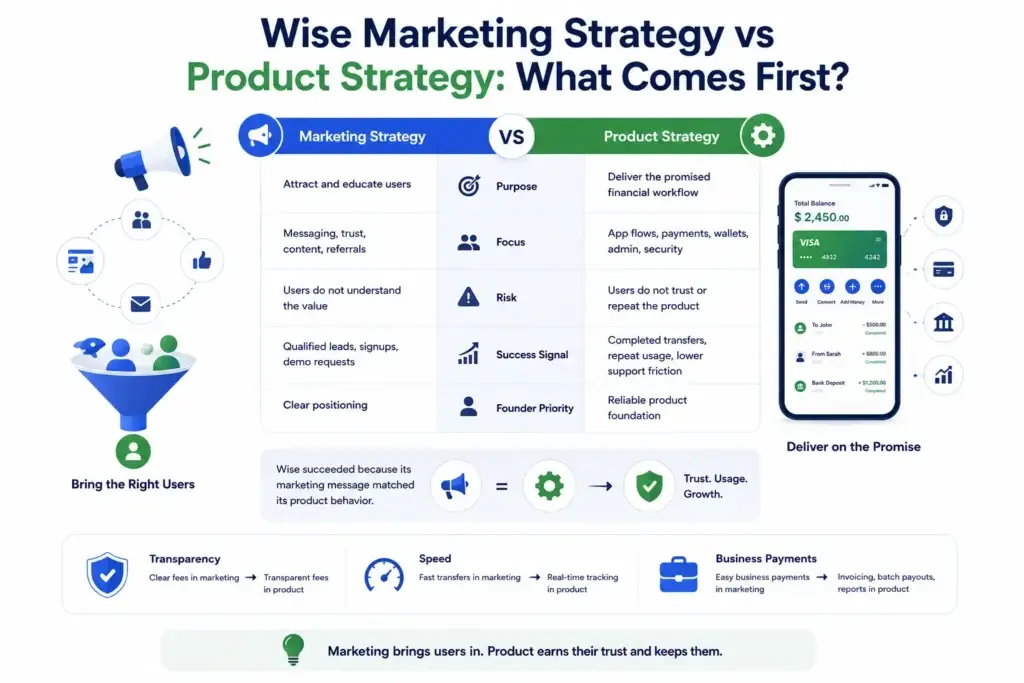 Wise App Marketing Strategy: Disrupting Finance, One Transparent Transfer at a Time 2 Wise marketing strategy vs product strategy comparison showing how marketing attracts users while product builds trust and retention