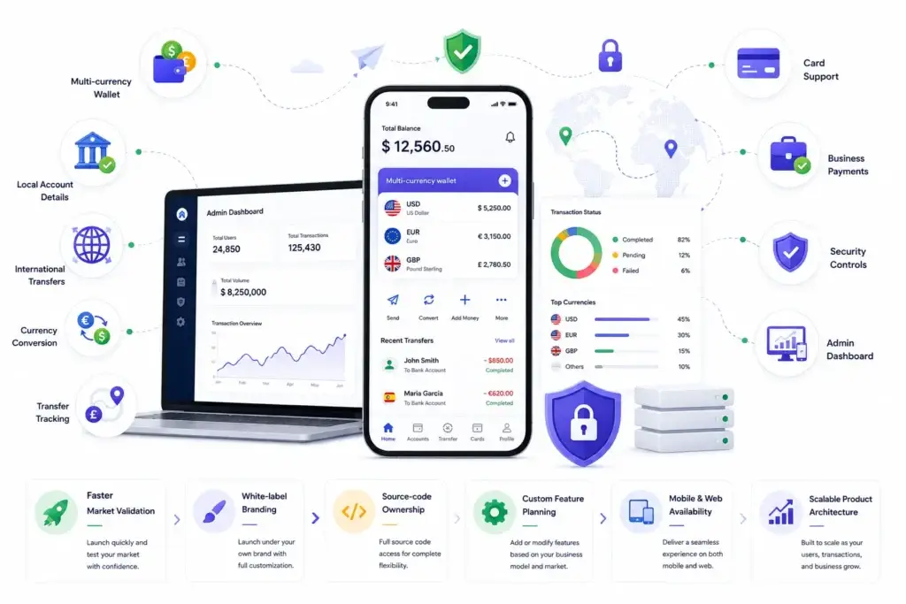 Wise App Features List: What Founders Can Learn from a Global Money Transfer App 2 Wise-style app development visual showing multi-currency wallet, local account details, international transfers, currency conversion, transfer tracking, card support, business payments, security controls, admin dashboard, white-label branding, source code ownership, mobile and web availability, and scalable product architecture