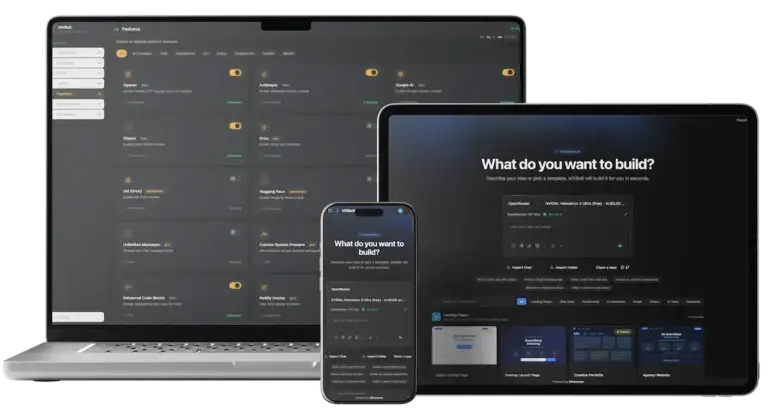 White Label AI App Builder 43 Shown across laptop, tablet, and mobile with provider configuration, prompt-to-app generation, and administrator controls