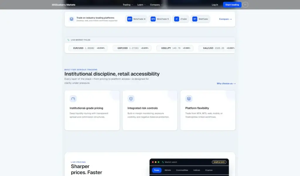 Blueberry Markets Clone 45 Website section featuring live market prices, institutional-grade pricing, integrated risk controls, and flexible trading platforms