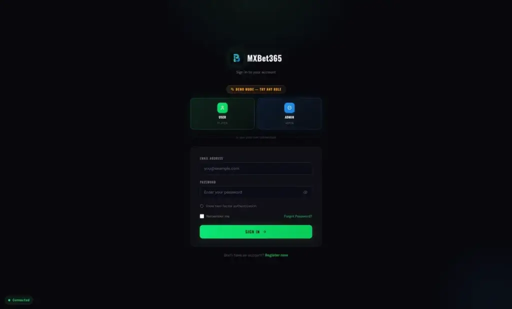 MXBet365 demo login screen with player and administrator role selection