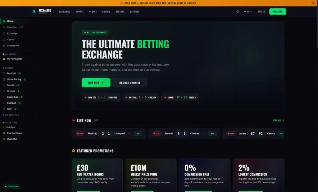 MXBet365 betting exchange homepage featuring live sports markets and promotional offers