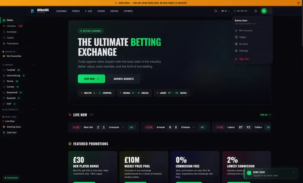 MXBet365 betting exchange homepage with live scores, featured promotions, and the player account menu