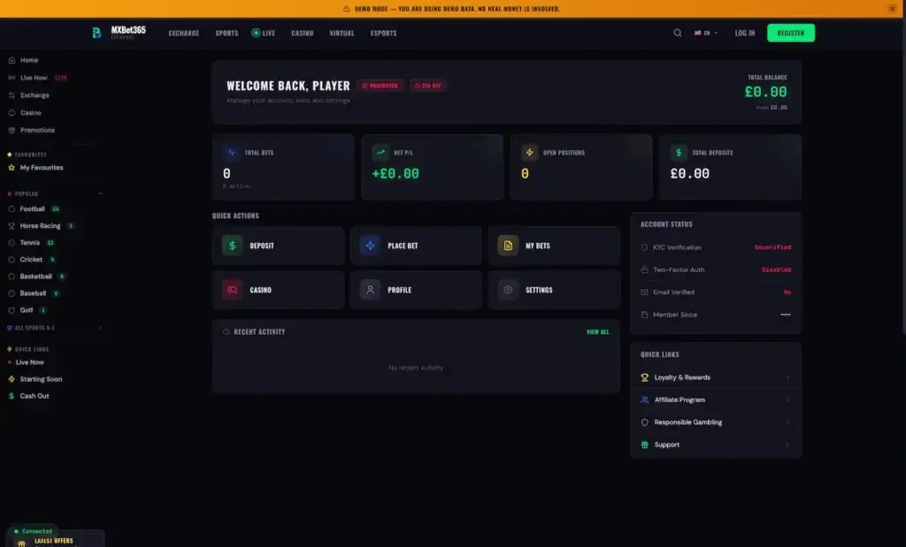 MXBet365 player dashboard with balance, bets, deposits, account status, and quick account actions
