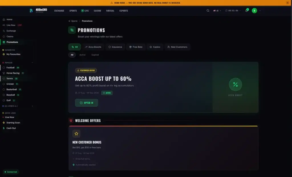 MXBet365 promotions page featuring an accumulator boost and new customer bonus