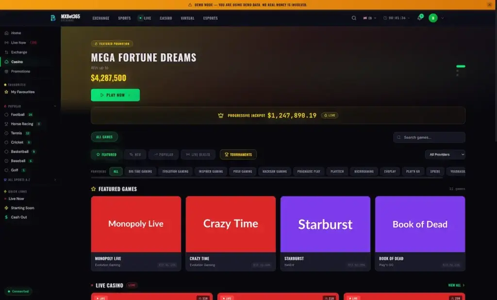 MXBet365 online casino lobby with a progressive jackpot, game filters, and featured casino games