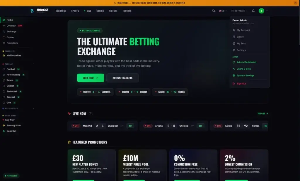 MXBet365 betting exchange homepage with live events, featured promotions, and the administrator account menu