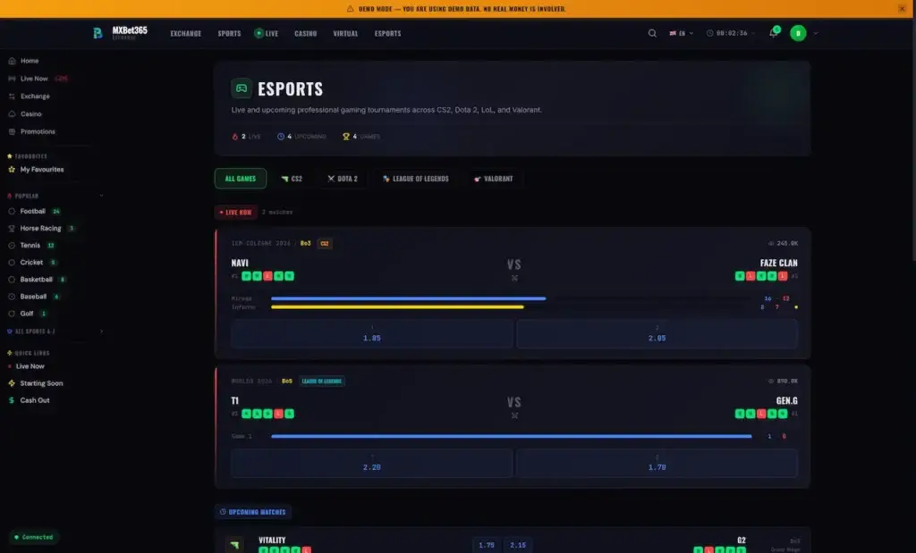 MXBet365 esports betting page with live CS2 and League of Legends matches and odds