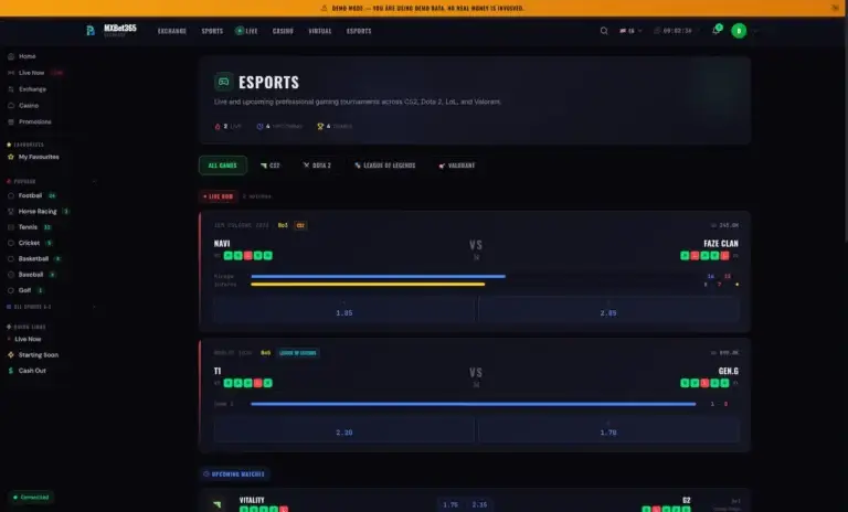 White Label Sports Betting Software 55 MXBet365 esports betting page with live CS2 and League of Legends matches and odds