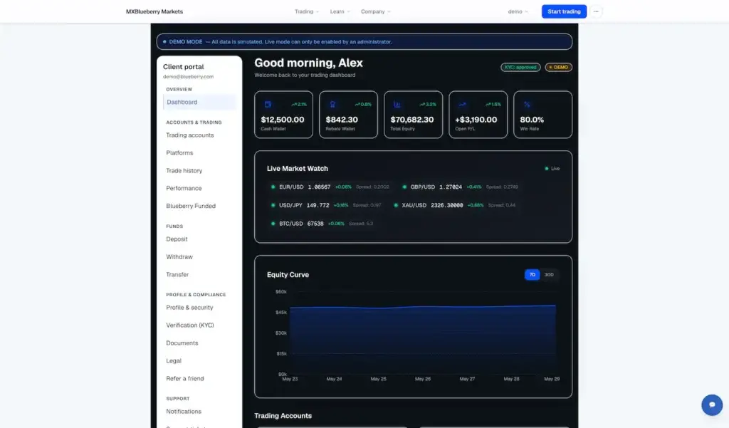 Blueberry Markets Clone 44 Web client dashboard showing cash and rebate wallets, total equity, open profit, win rate, market watch, and equity performance