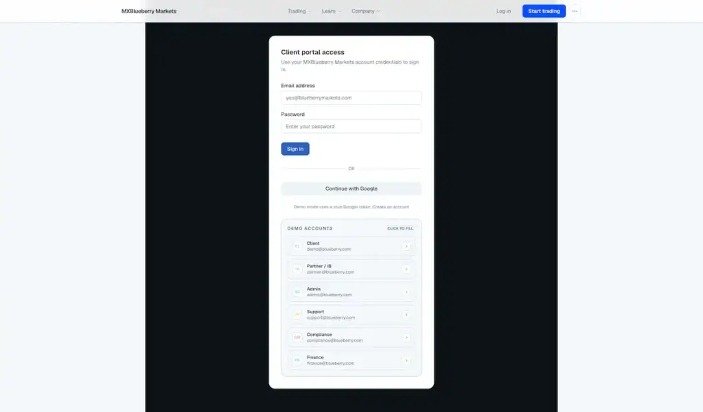 Blueberry Markets Clone 43 Web client login with email, password, Google authentication, and demo account choices for different roles