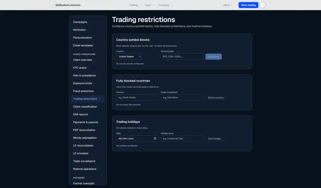 Blueberry Markets Clone 57 Trading-restriction controls for country-symbol blocks, fully blocked jurisdictions, and market holidays