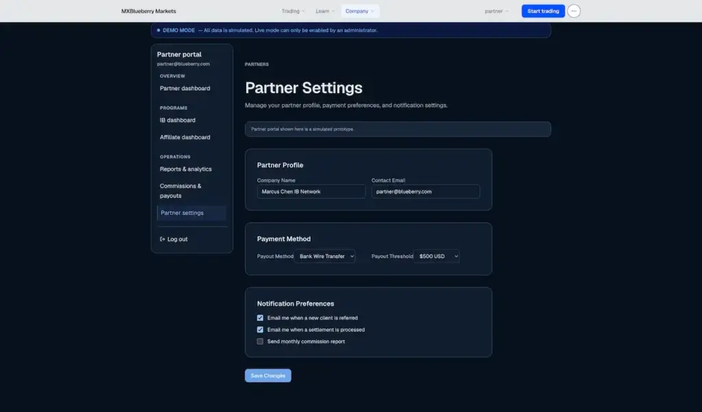 Blueberry Markets Clone 52 Partner settings for organization profile, contact email, payout method, payment threshold, preferences, and notifications