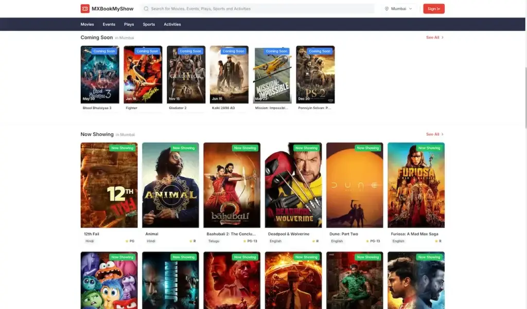 Bookmyshow Clone 36 MXBookMyShow admin dashboard displaying movies, events, activities, and entertainment listings