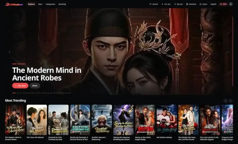 MoboReels Clone 58 MXReelShort web explore homepage featuring The Modern Mind in Ancient Robes and trending short dramas