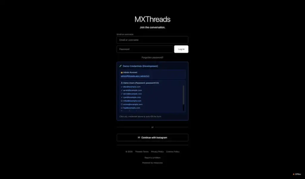 Threads Clone 34 Threads clone login screen with email or username, password recovery, and demo credentials for administrator and member accounts
