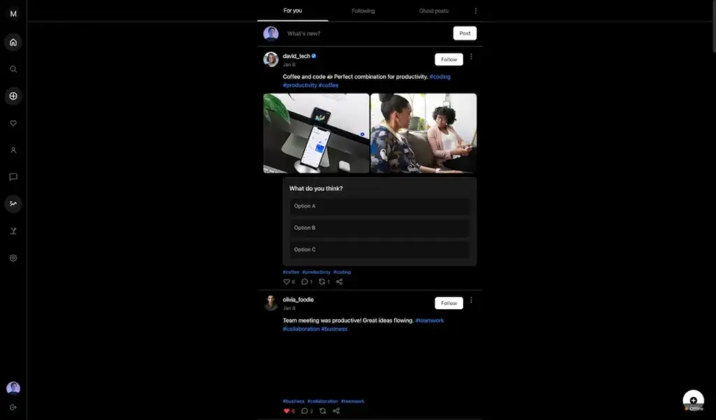 Threads Clone 33 Member interface showing a photo thread with an embedded poll alongside account, privacy, notification, accessibility, security, and KYC settings