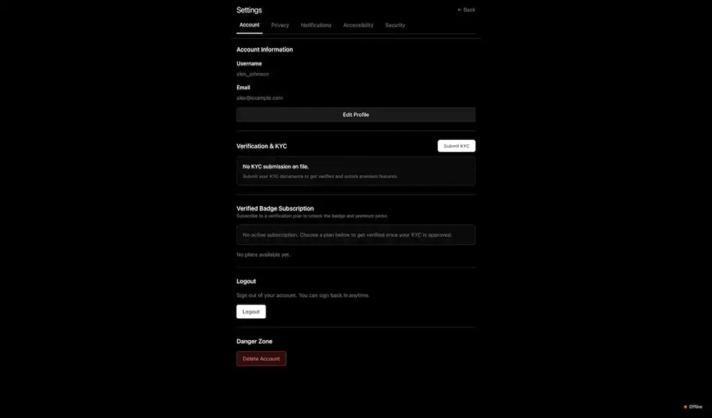 Threads Clone 31 Member account settings with profile editing, identity verification, KYC submission, verified-badge subscription, and billing status