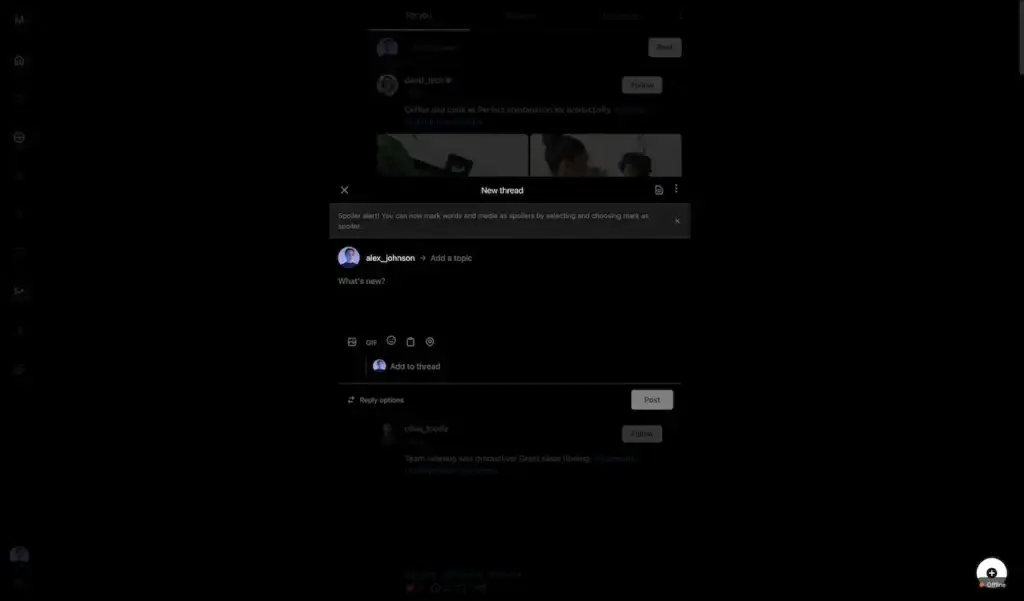 Threads Clone 28 New-thread composer with topic selection, text entry, media tools, GIF support, reply options, and a spoiler-warning control