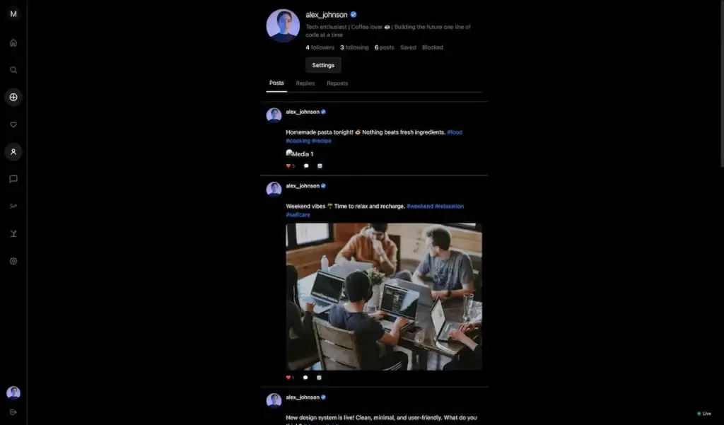 Threads Clone 30 Member profile displaying biography, follower counts, posts, replies, repost tabs, and a personalized content feed
