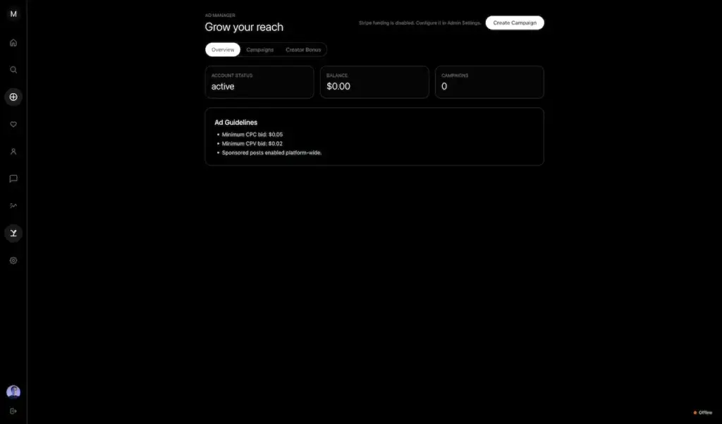 Threads Clone 29 Member advertising manager with account status, balance, campaigns, campaign creation, creator bonuses, and minimum pricing guidelines