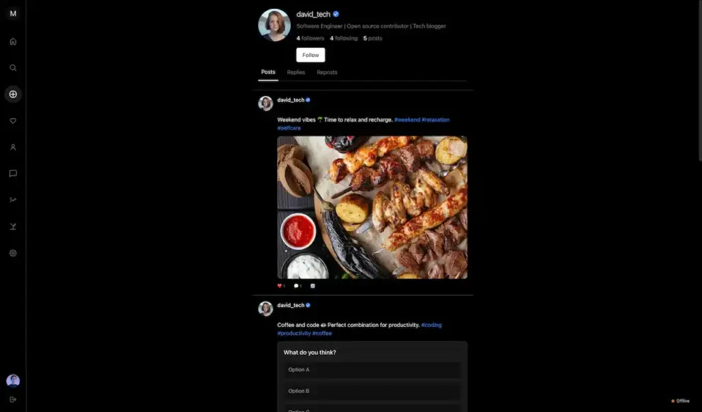 Threads Clone 27 Member profile feed featuring photo-based posts, captions, hashtags, follower information, and engagement actions