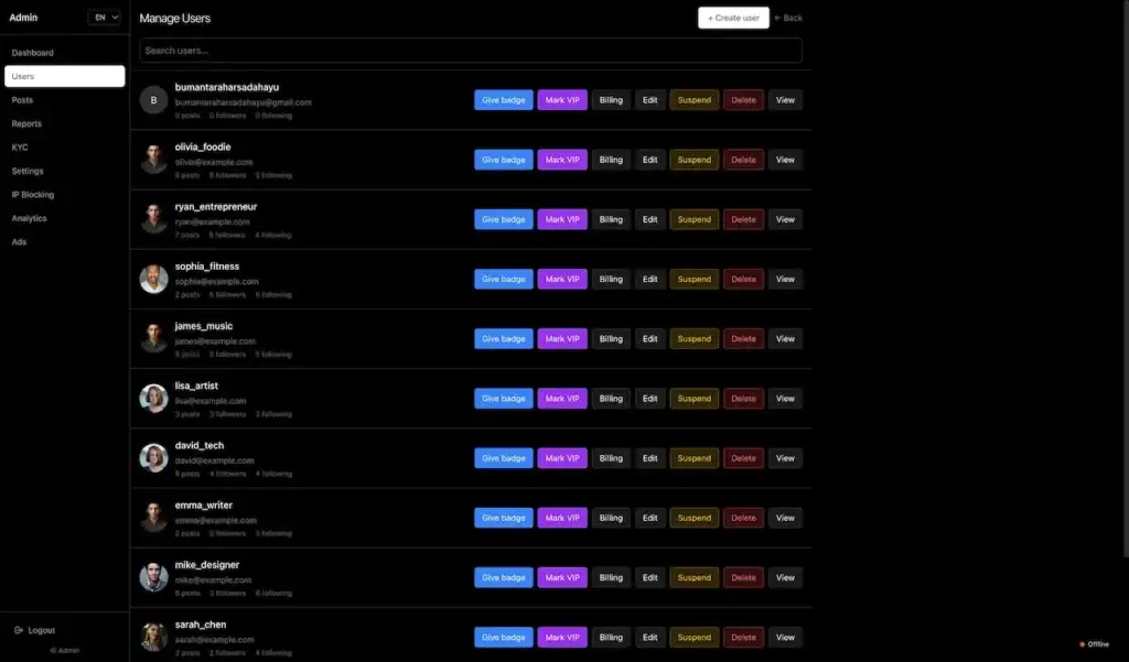 Threads Clone 41 Administrator user directory with account profiles and controls for badges, VIP status, billing, editing, suspension, deletion, and profile review