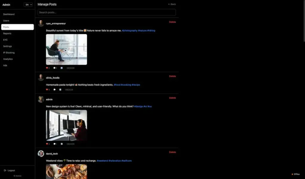 Threads Clone 40 Administrator post-management feed showing member posts, attached images, engagement details, search, and deletion controls