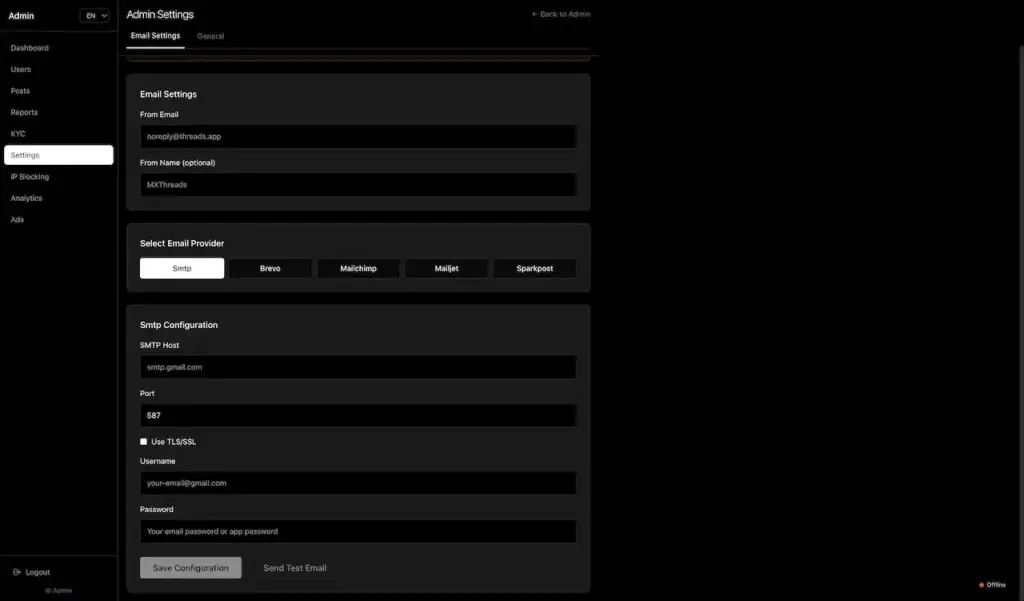 Threads Clone 38 Administrator email settings for sender identity, SMTP provider selection, host configuration, and platform notification delivery