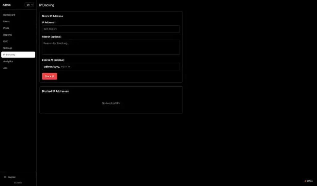 Threads Clone 35 Administrator IP-blocking form with address, reason, expiry, blocking action, and a registry of blocked addresses