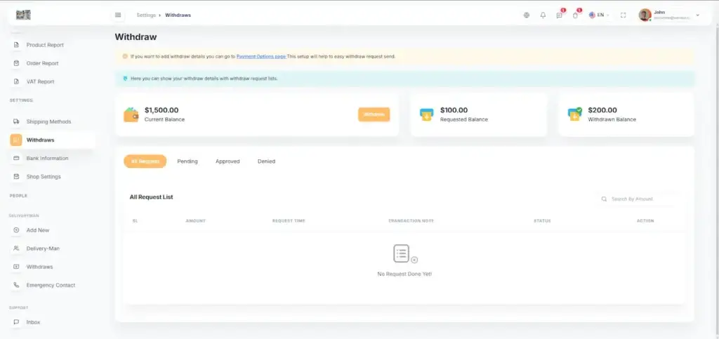 Noon Clone 67 Amazon Clone Vendor Withdrawal Management