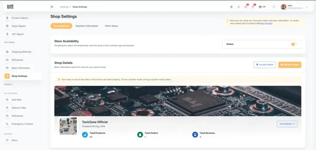 Noon Clone 66 Amazon Clone Vendor Shop Settings