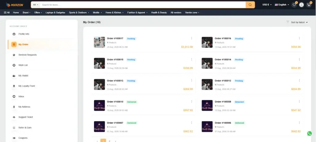 Noon Clone 62 Amazon Clone Customer Order History